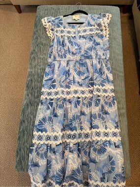 Sail to Sable Blue and White Floral Lace-Trim Casual Maxi Dress